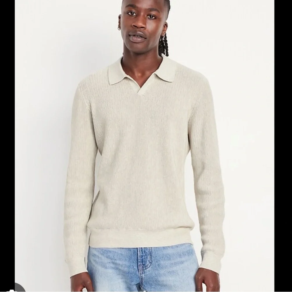 Old Navy Men’s Medium Cream V-Neck Collared Polo Knit Cotton Sweater